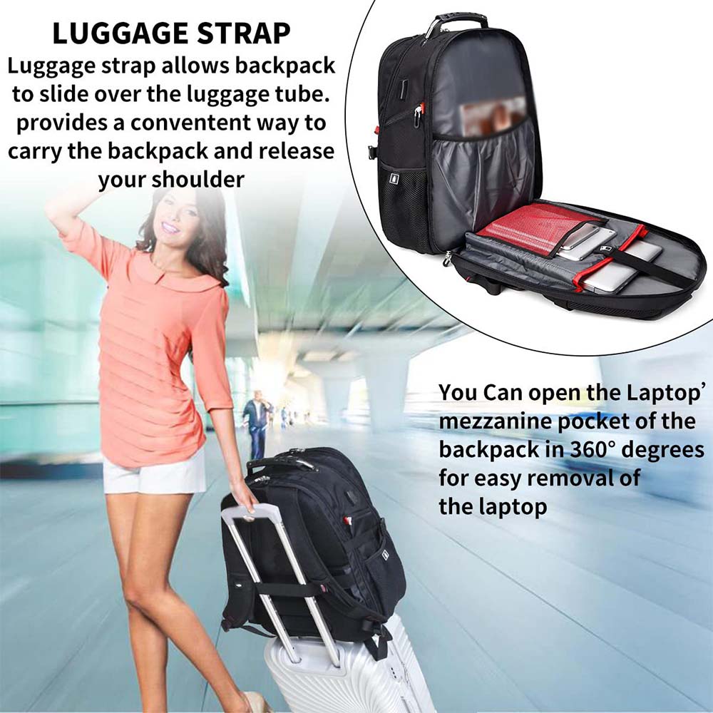 Dollcini, Rucsac unisex pentru laptop, impermeabil, cu port de încărcare USB, Negru