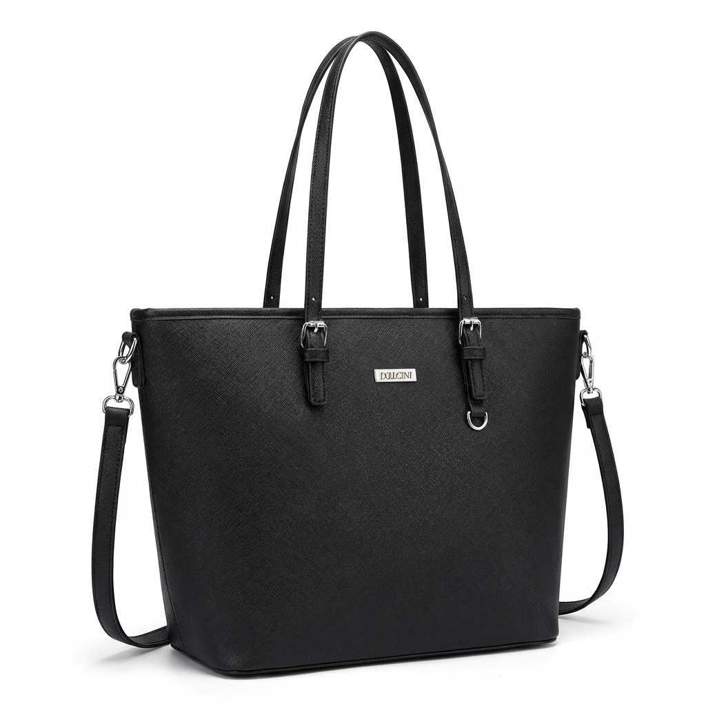 Dollcini Classic Black Women's Shoulder Bag – Water-Repellent PU, with Detachable Strap