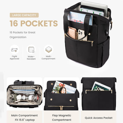 Rucsac pentru laptop Dollcini pentru femei, rucsac portabil impermeabil de mare capacitate cu port USB, set de 2 piese, negru