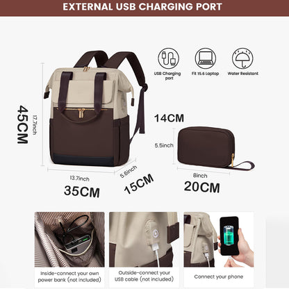 Rucsac pentru laptop Dollcini pentru femei, rucsac portabil impermeabil de mare capacitate cu port USB, set de 2 piese, negru