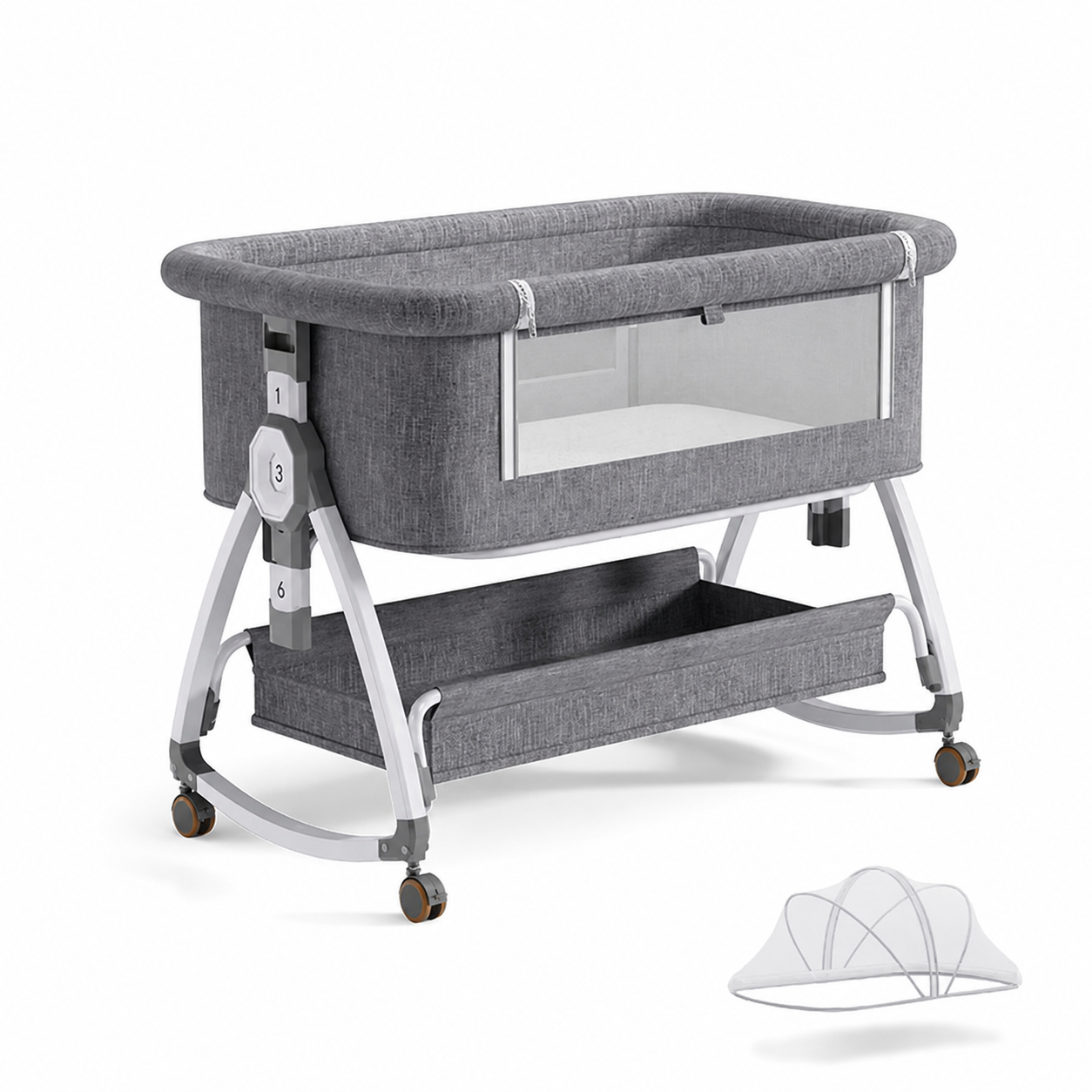 Dollcini Home Foldable Crib Baby Bassinet with Mattress and Storage Basket, Adjustable Height, Gray