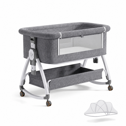 Dollcini Home Foldable Crib Baby Bassinet with Mattress and Storage Basket, Adjustable Height, Gray