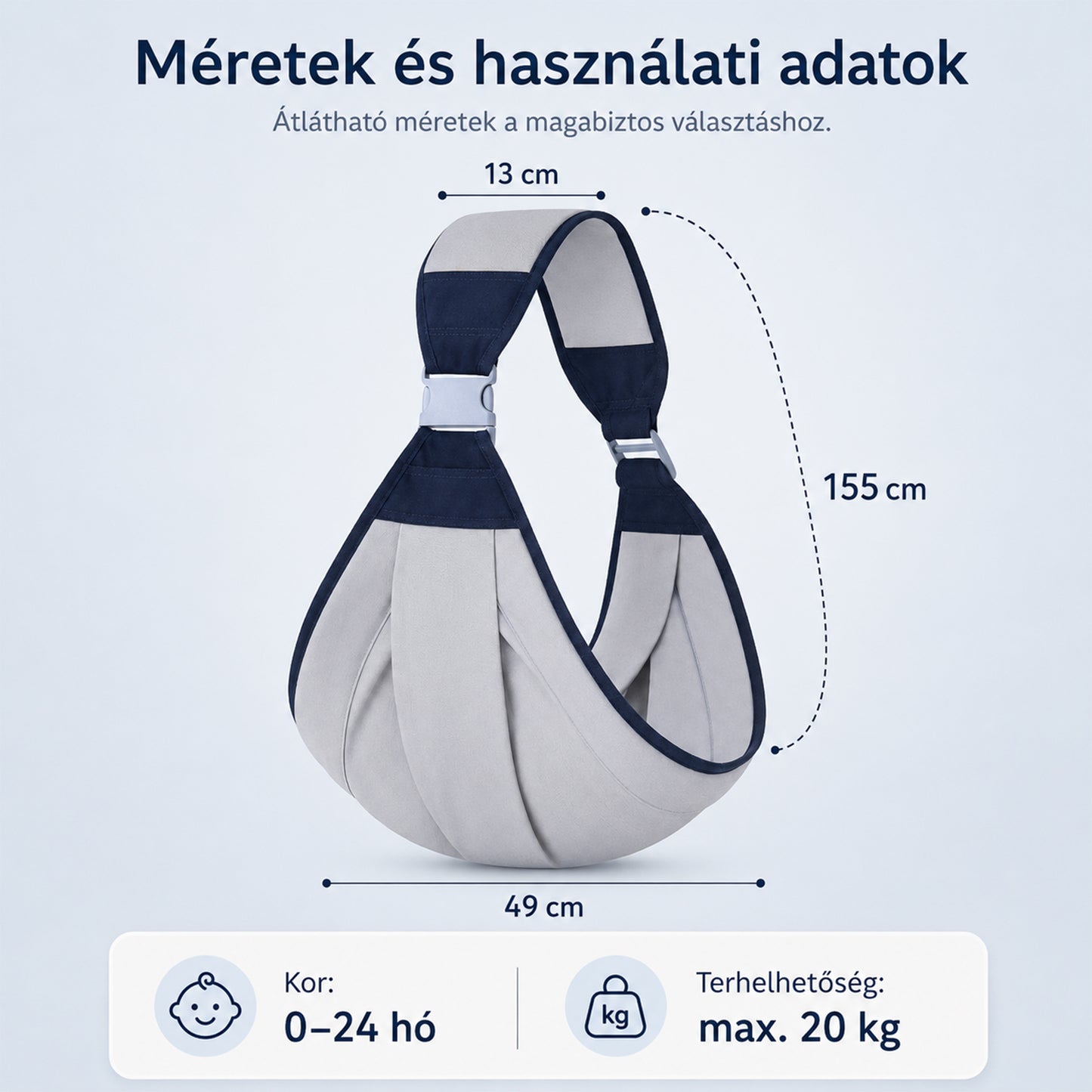 Dollcini Állítható Baba Hordozókendő – Szürke, 0–24 hó, max. 20 kg