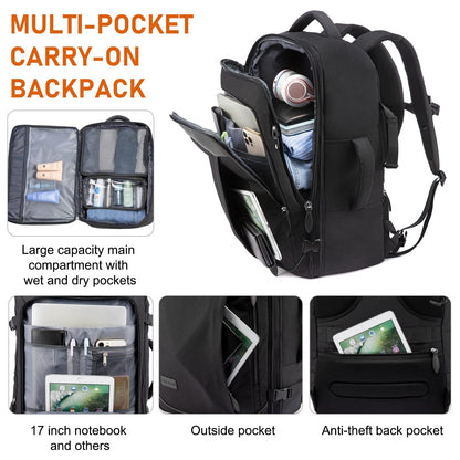 Rucsac de călătorie minimalist extensibil Dollcini – cu buzunare organizatoare, compatibil cu companiile aeriene, negru