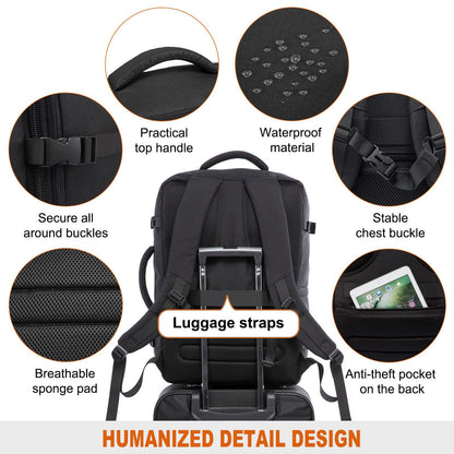 Rucsac de călătorie minimalist extensibil Dollcini – cu buzunare organizatoare, compatibil cu companiile aeriene, negru