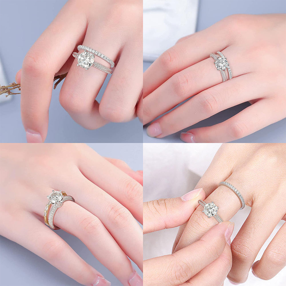 Dollcini, Inel de logodnă reglabil cu moissanit, Inel solitaire cu 6 dinți cu efect de diamant din argint 925, cu cutie de bijuterii de lux