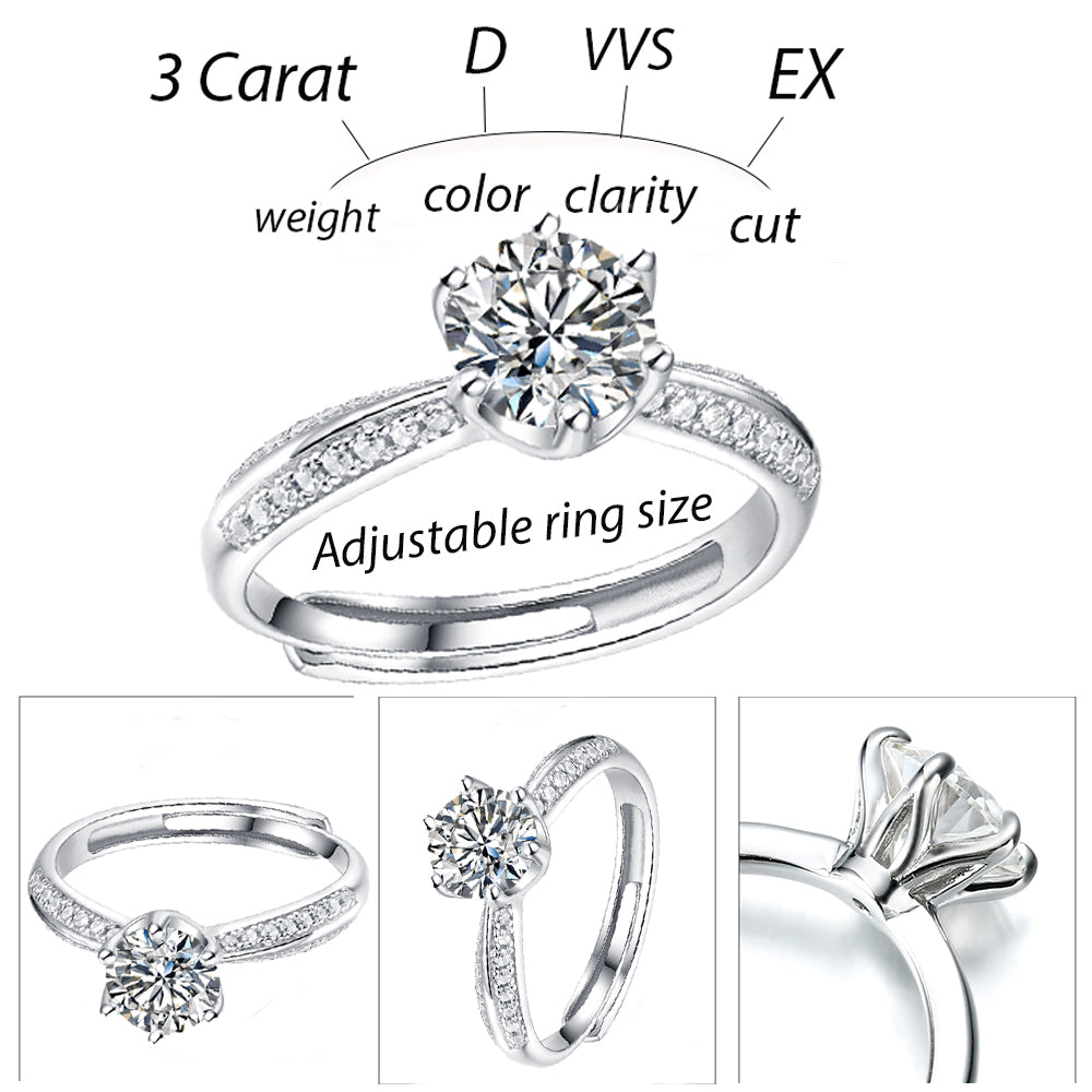 Dollcini, Inel de logodnă reglabil cu moissanit, Inel solitaire cu 6 dinți cu efect de diamant din argint 925, cu cutie de bijuterii de lux