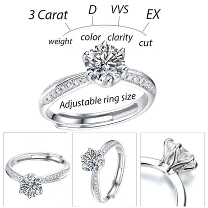 Dollcini, Inel de logodnă reglabil cu moissanit, Inel solitaire cu 6 dinți cu efect de diamant din argint 925, cu cutie de bijuterii de lux