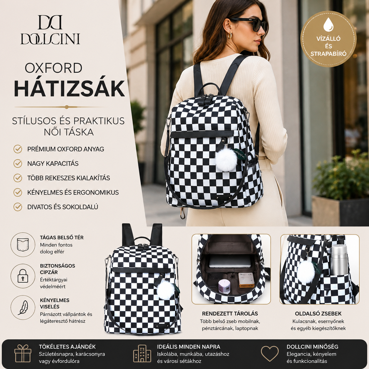 Dollcini Oxford Női Hátizsák, Iskolatáska – Vízálló és Tágas, Munkához, Iskolába