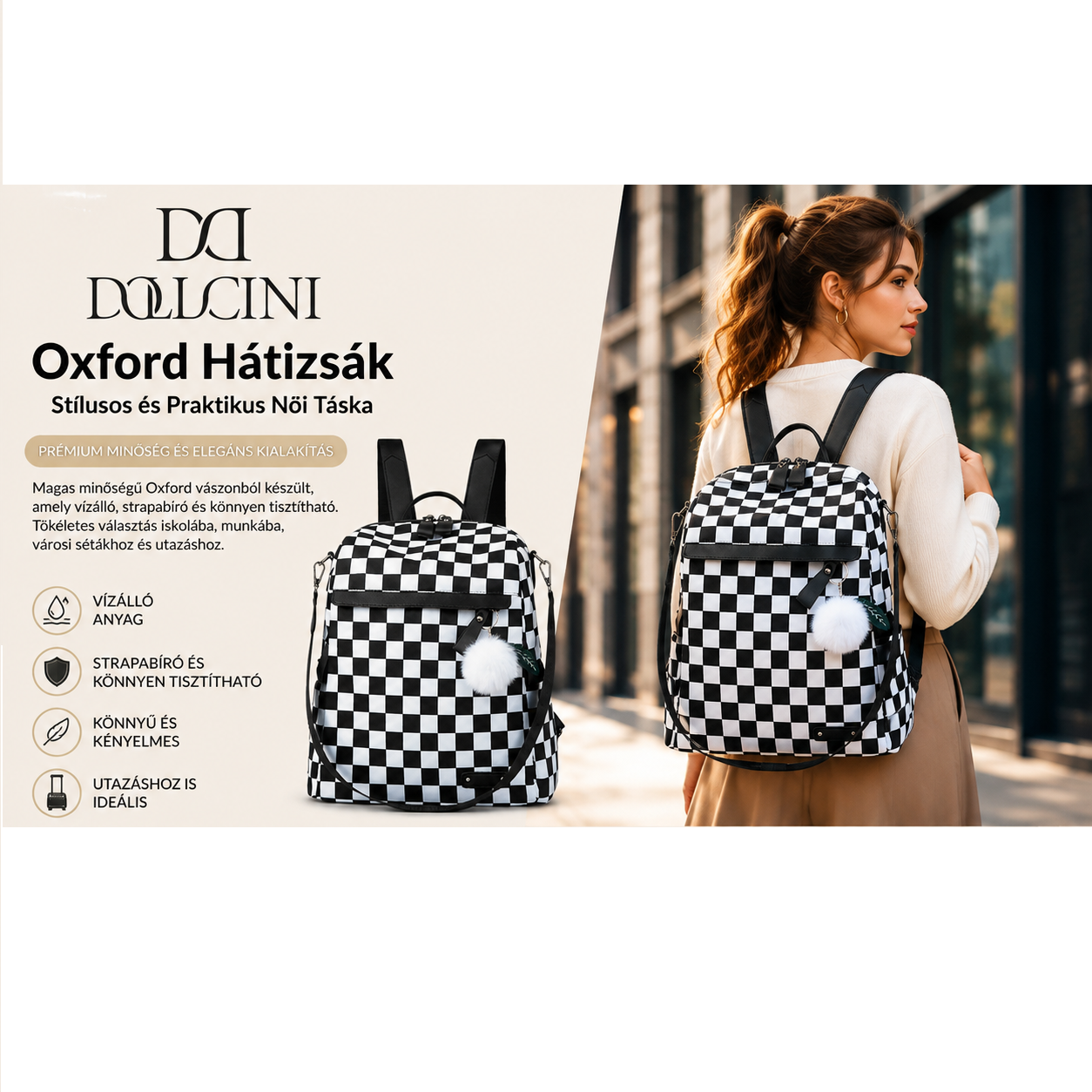 Dollcini Oxford Női Hátizsák, Iskolatáska – Vízálló és Tágas, Munkához, Iskolába