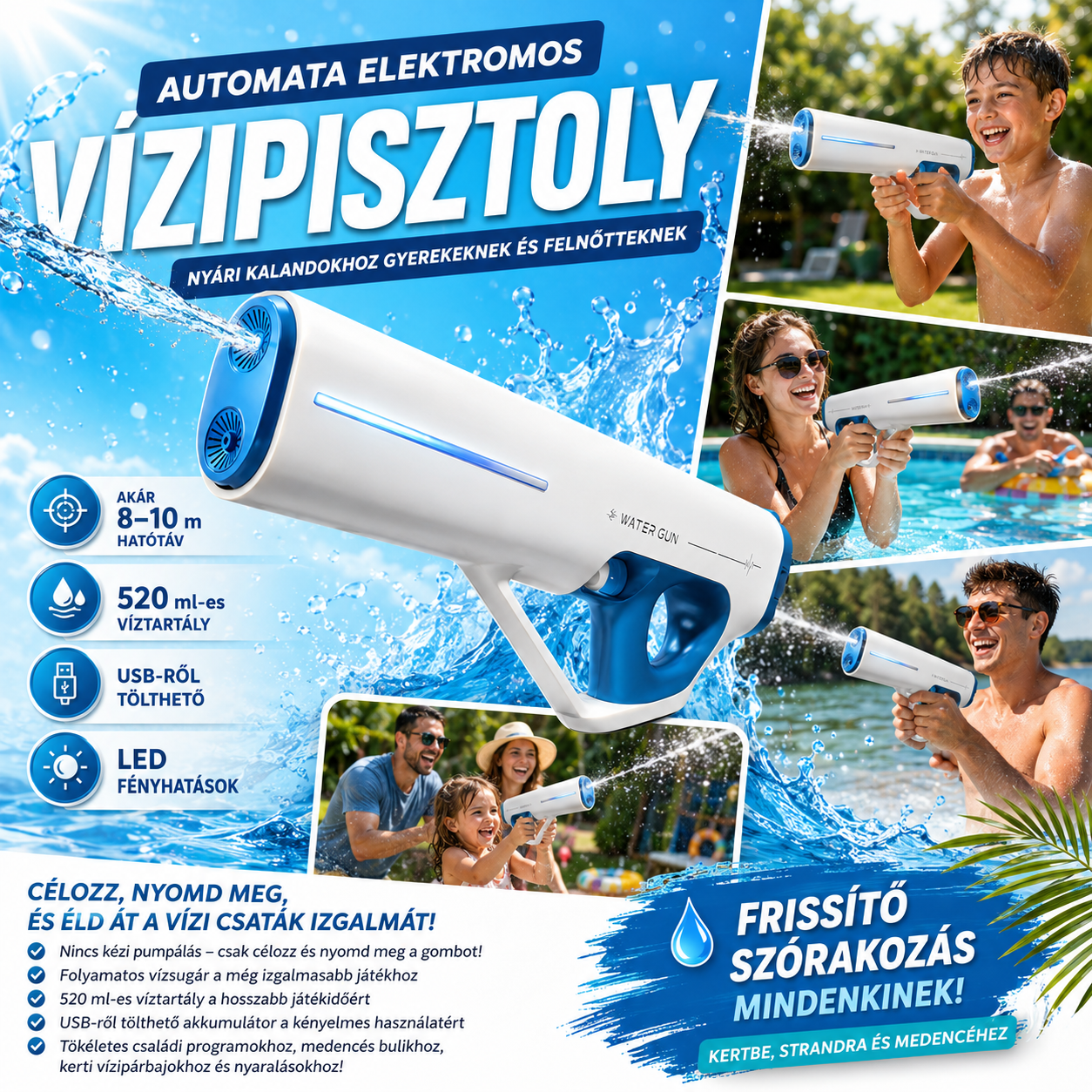 Dollcini Automatic Electric Water Gun – USB Rechargeable, LED Light, 510 ml
