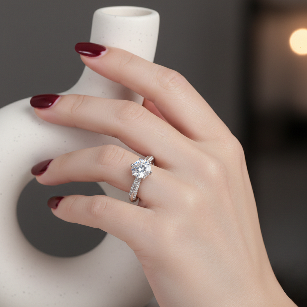 Dollcini Inel Moissanite Clasic cu Șase Gheare, Decorat cu Pietre și Certificat GRA – Disponibil în Variante de 1, 2 și 3 Carate