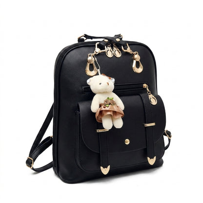 Dollcini Rucsac elegant negru pentru femei – geantă compactă din piele ecologică cu decorațiune cu ursuleț