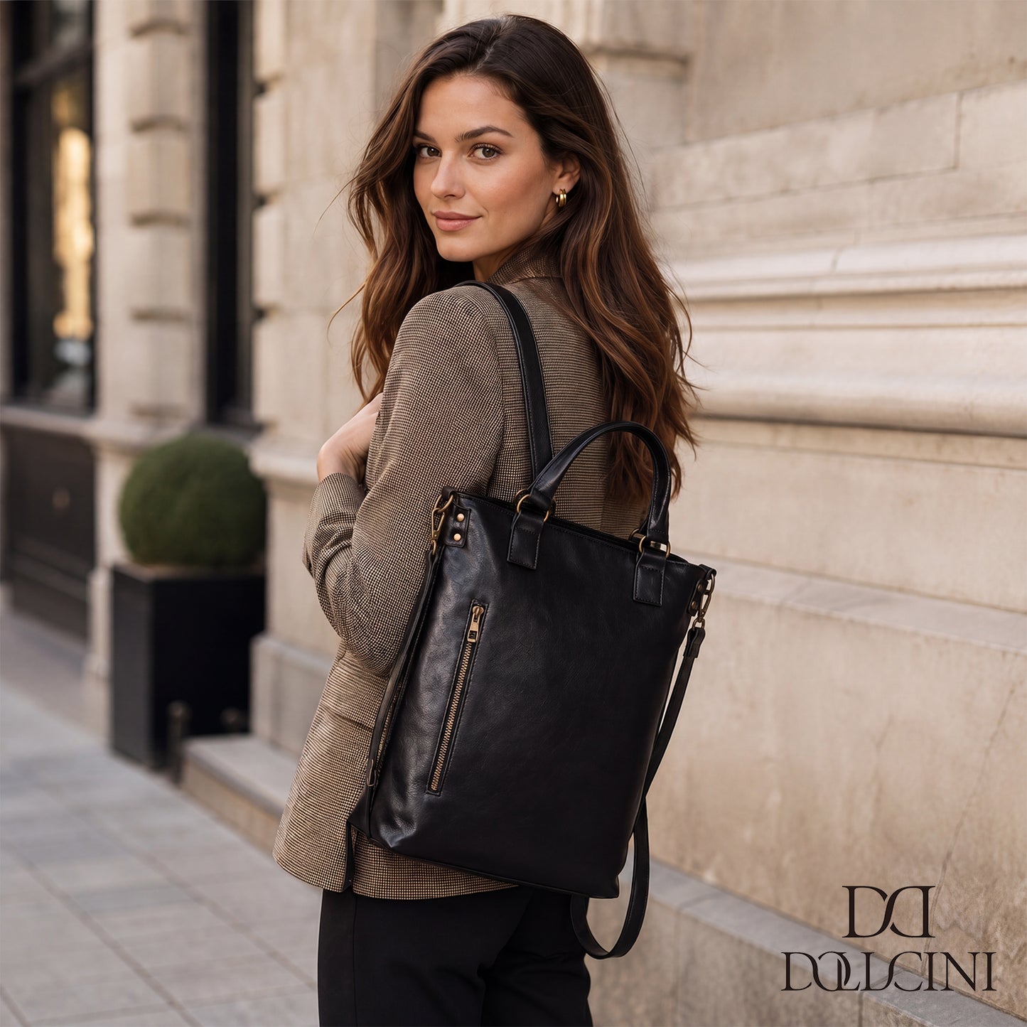 Dollcini, Women's Faux Leather Biker-Style Backpack – Large, Zippered, for City Use