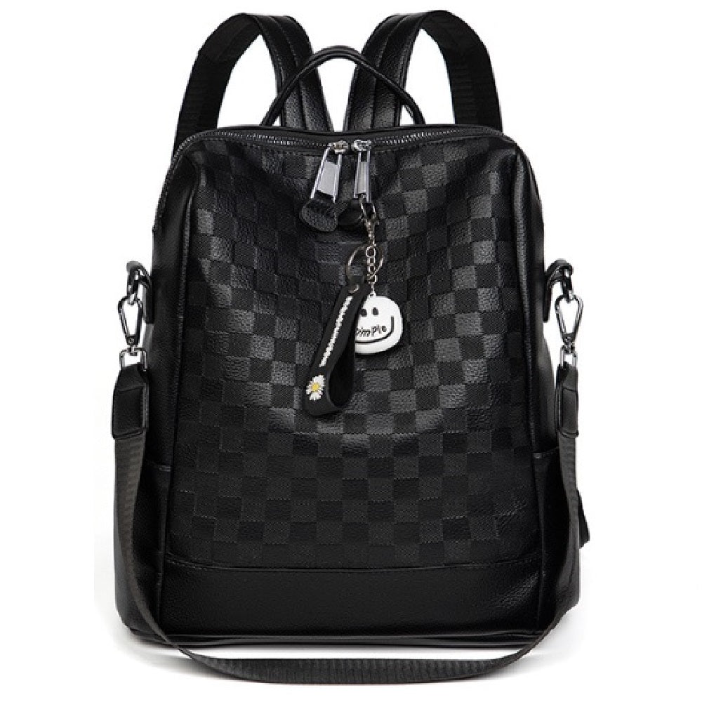Dollcini black check-pattern compact women's faux leather backpack with a zippered front pocket